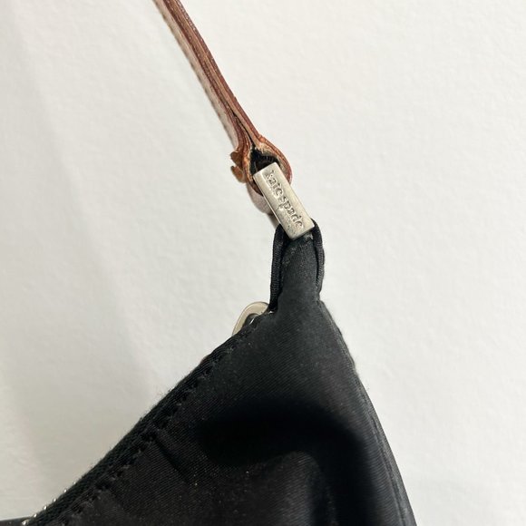 Kate Spade Purse, Black Nylon with Camel Leather Trim, Shoulder Strap Zipper Top - Picture 4 of 9